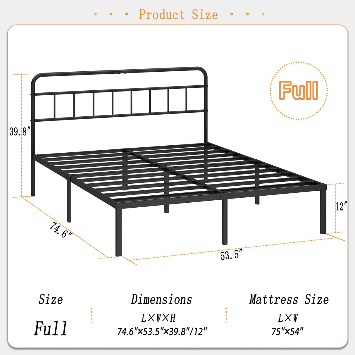 Kujielan 12 inches Full Size Bed Frame with Minimalist headboard,Metal Platform Base with Strong Metal Slats,Mattress Foundation for Under Bed Storage,Easy Assembly,Black Kujielan