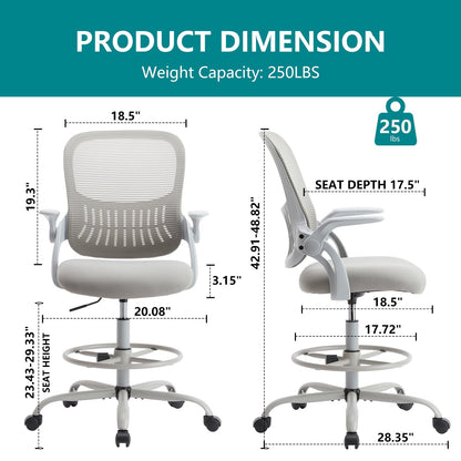 SMUG Drafting Chair, Tall Office Chair Tall Standing Desk Chair Counter Height Adjustable Office Chair with Flip-up Arms, Mid Back Mesh Office Drafting Chair, Grey