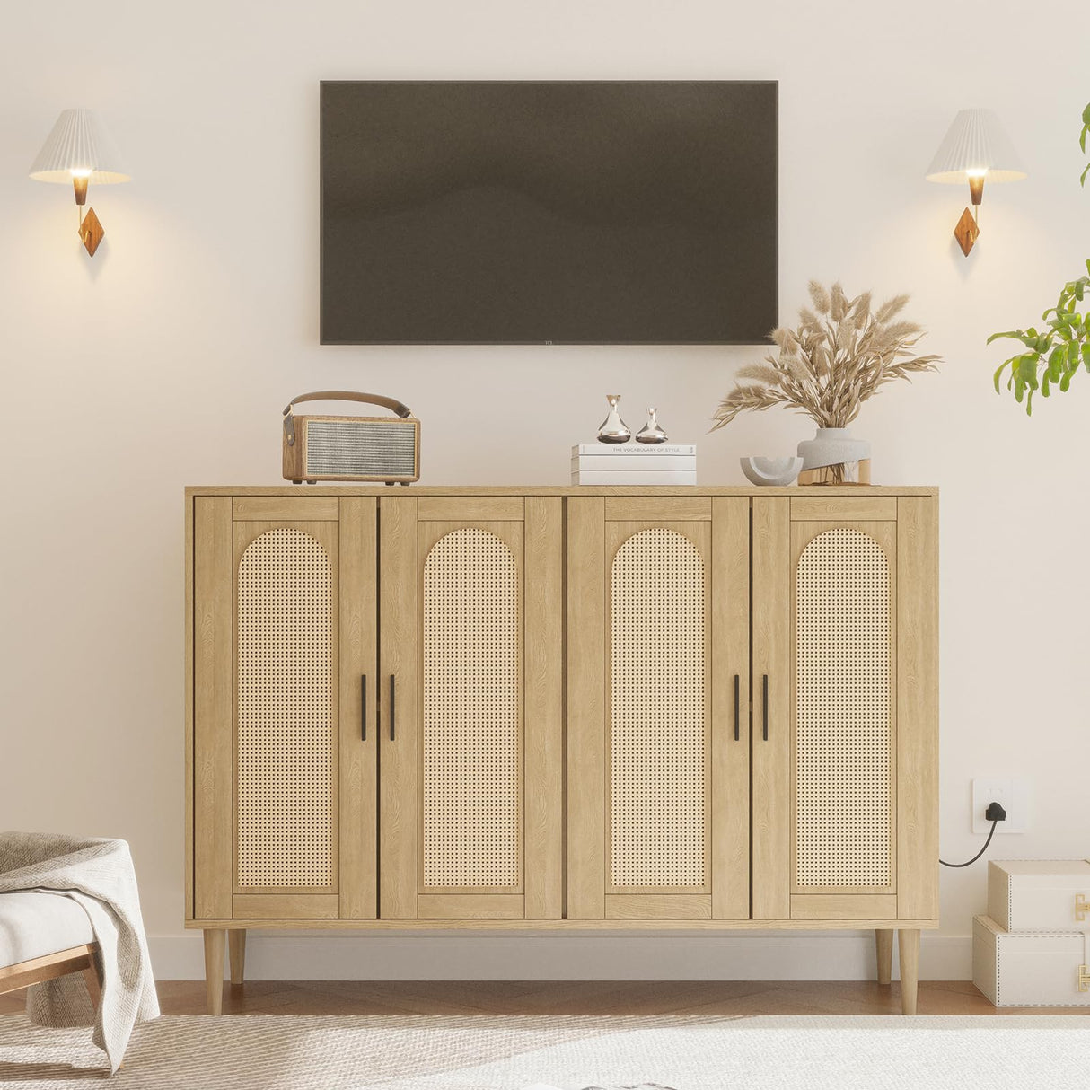 Patikuin Rattan Sideboard Buffet Cabinet, 4 Doors Accent Storage Cabinet, Console Table Coffee Bar with Power Outlet, Adjustable Shelves for Kitchen, Dining Room, Hallway, Living Room, Natural Patikuin