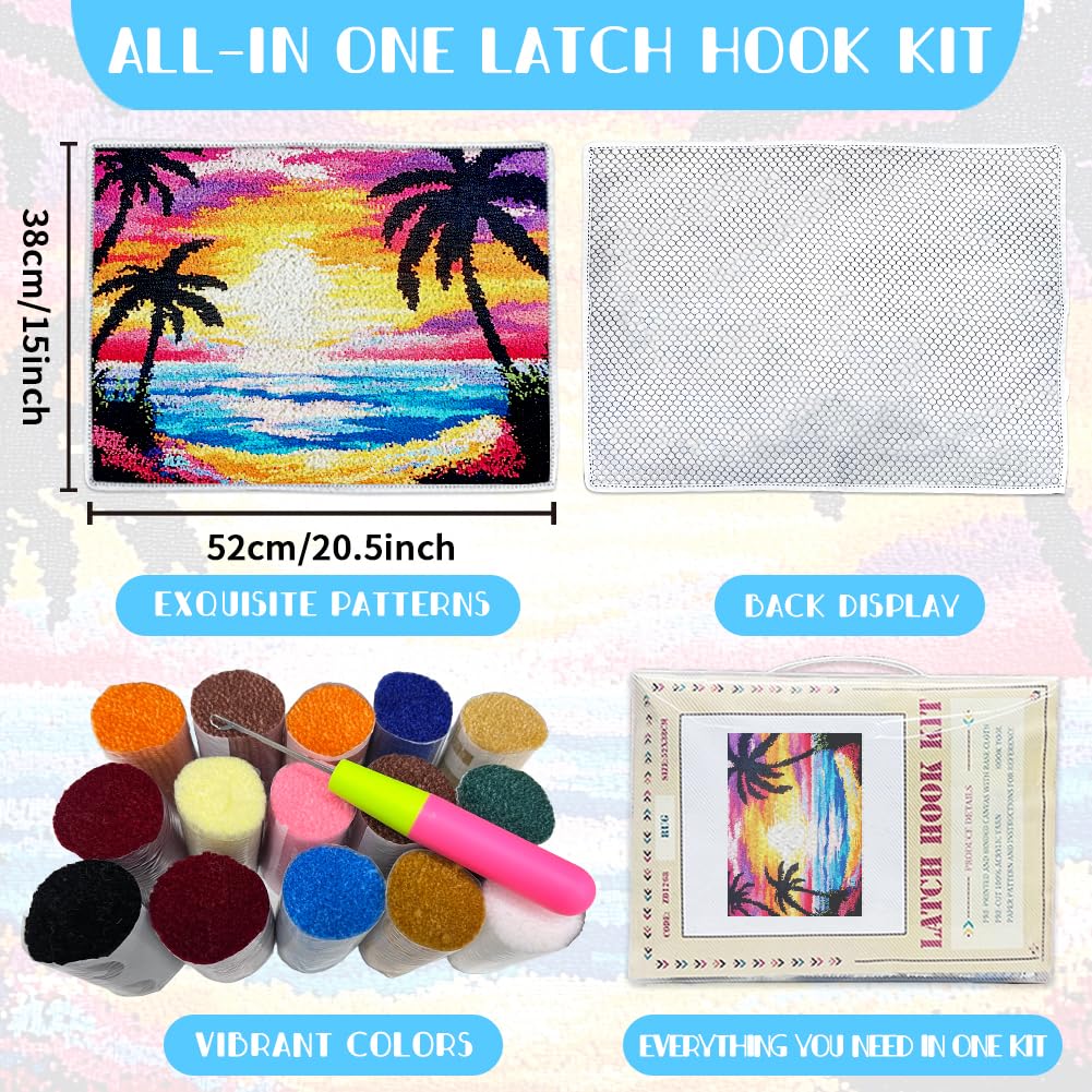 ORIGACH Sunset by The Beach Latch Hook Rug Kit for Adults Printed Rug Making Kit Handmade Carpet Tapestry Cover with Hook Latch and Preprinted Canvas, Home Arts Crafts Sofa Decor, 20.5x15inch ORIGACH