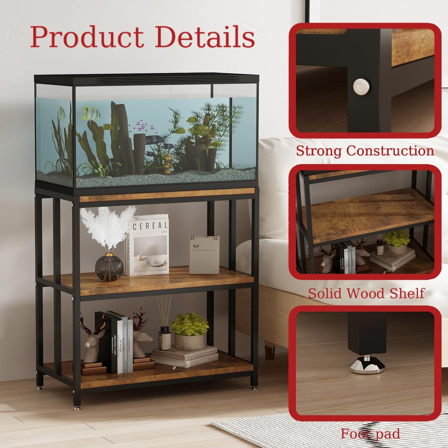 WOULHOMY Fish Tank Stand for 20 Gallon Aquarium, Metal Aquarium Stand with 3-Tier Shelves, Breeder Reptile Tank Stand for Home Office 26.96” x 15.74” x 33.26” (Black) - WoodArtSupply