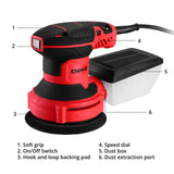 Orbital Sander Corded Hand Sander: DEKOPRO 20V 5" Random Orbital Sander with Dust Box, 6 Various Speeds Electric Palm Sander with Dust Box, 16Pcs Sandpapers for Woodworking & Sanding (Red) DEKOPRO