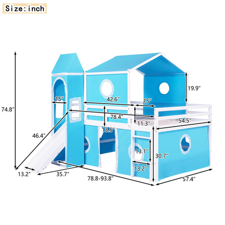 Harper & Bright Designs Blue Full Size Loft Bed with Slide, Curtains, and Tower - Solid Wood Low Loft Frame for Kids Harper & Bright Designs