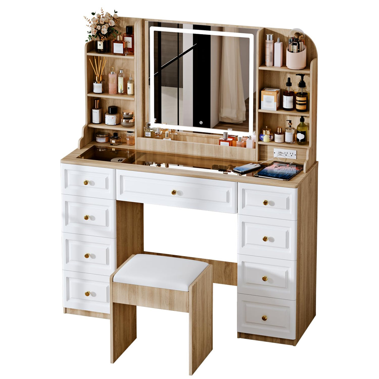 43" Makeup Vanity Desk with Mirror and Lights, & Power Outl, Glass Top Big Vanity Table with 9 Drawers& 8 Storage Shelves, Dressing Table Set with Chair for Bedroom, White+Oak Arulvmrn