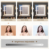 HAUOMS Vanity Desk with Sliding Mirror & LED Lights, Glass Top Farmhouse Makeup Vanity Table with Power Outlet, Rustic Dressing Table, Wood-Grain Black HAUOMS