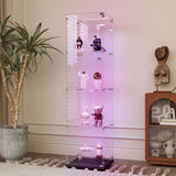 Yoluckea 4 Tiers Glass Display Cabinet with Bluetooth LED Light Strip, 1 Door Floor Standing Curio Cabinet with Universal Wheel for Home Office Display, Black Glass Bookshelf for Collections,Clear Top Yoluckea