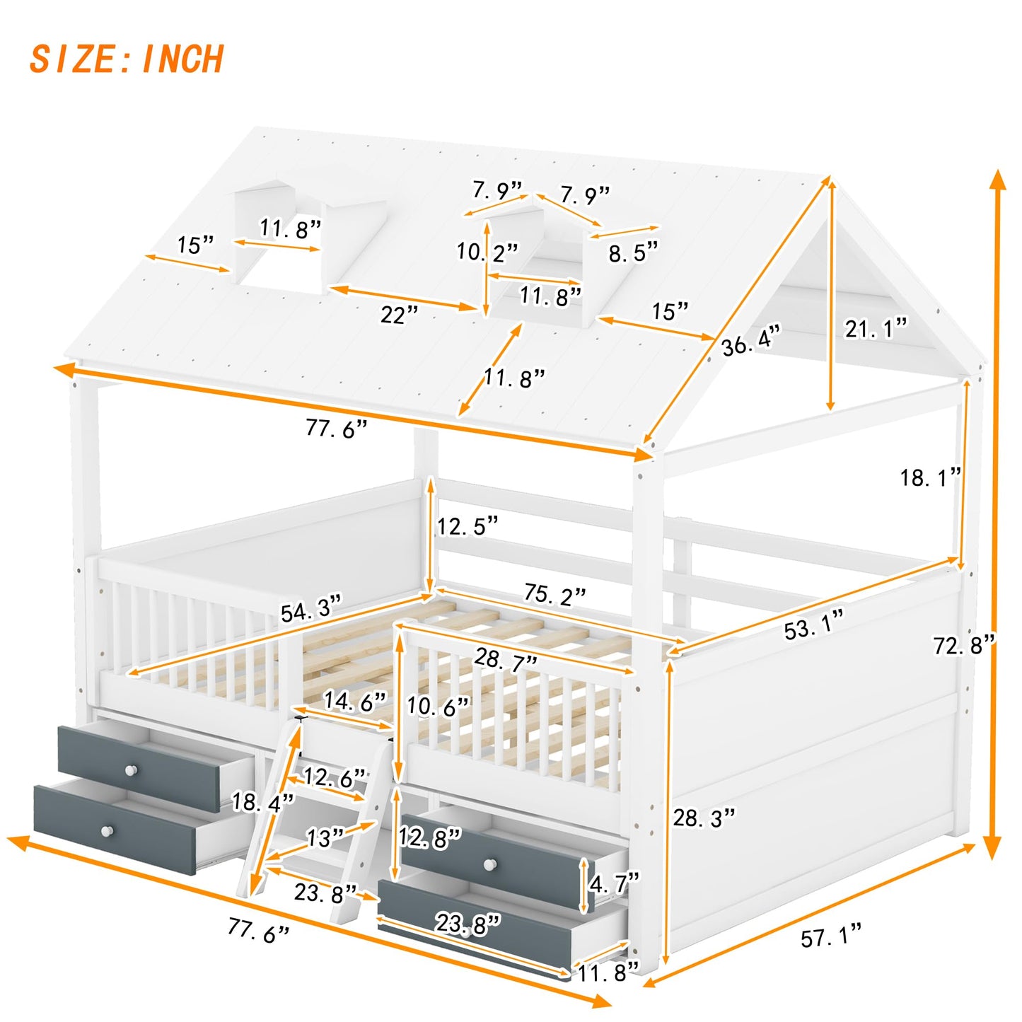 Merax Full Size Montessori House Bed Frame with Roof, Skylights, and Storage Drawers for Kids - WoodArtSupply