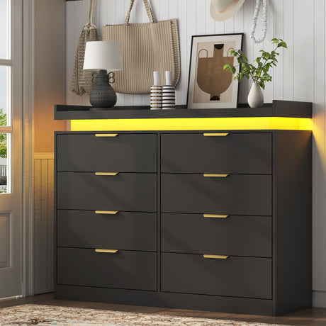 UNIQUITE 8 Drawer Dresser for Bedroom, Black Dresser with LED Lights and Power Outlet, Wooden Dressers Chests of Drawers, Double Wide Dressers for Bedroom, Entryway, Hallway UNIQUITE