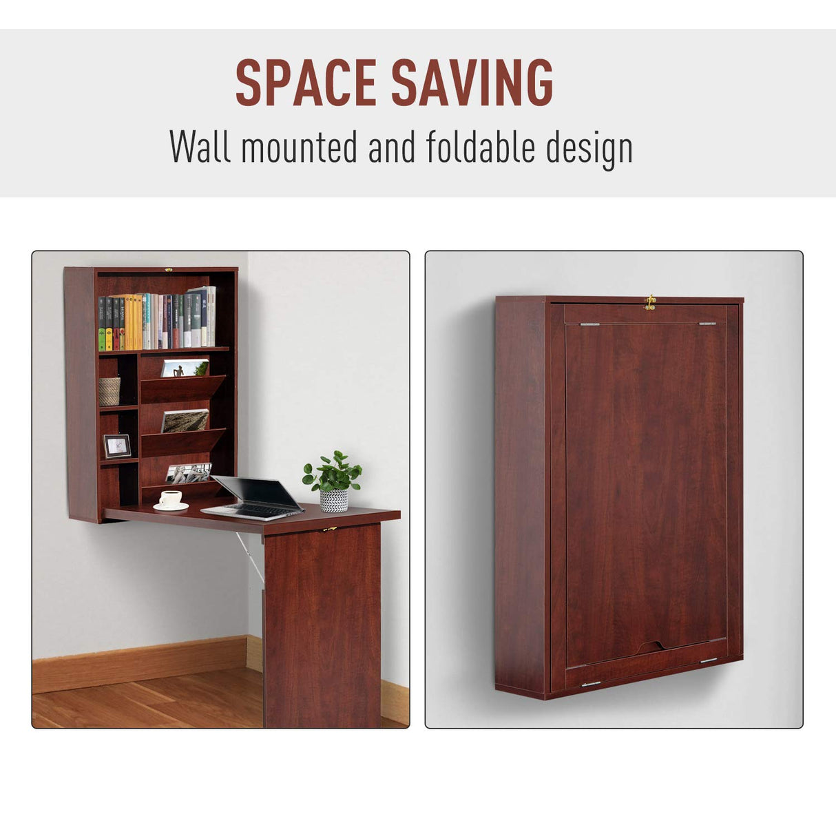 HOMCOM Wall Mounted Desk, Fold Out Convertible Desk, Multi-Function Computer Table Floating Desk with Shelves for Home Office, Mahogany HOMCOM