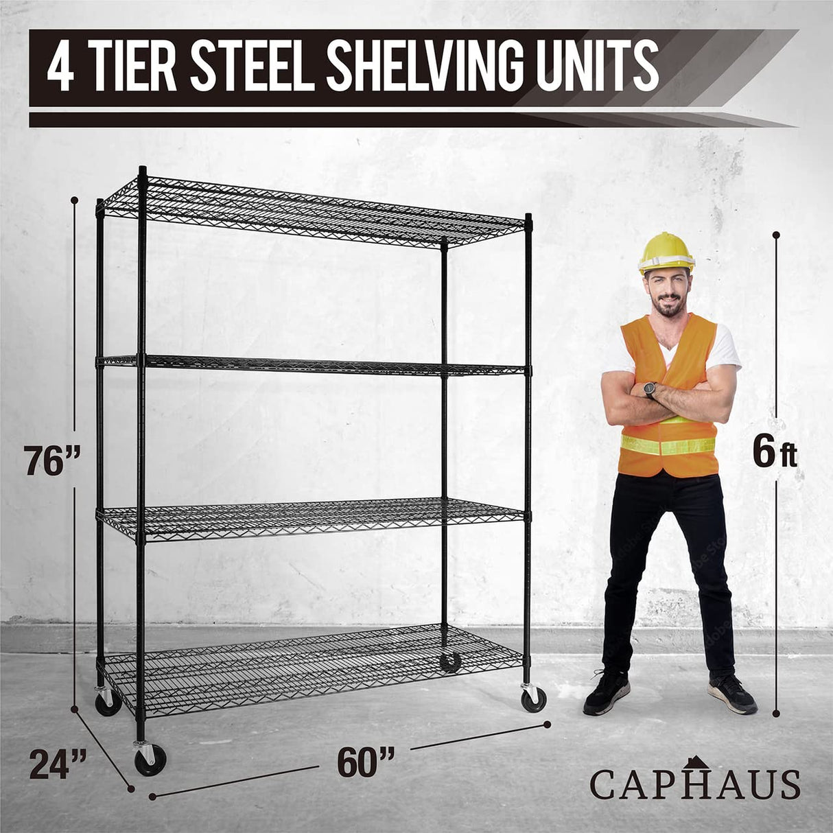 CAPHAUS 4-Tier Commercial Grade Heavy Duty Adjustable Height Wire Shelving w/Wheels & Leveling Feet, Storage Metal Steel Shelf, Garage Shelving CAPHAUS