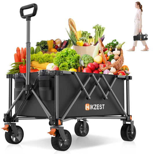 Hikzest Collapsible Wagon Cart Foldable, Utility Grocery Wagon with Wheels, Heavy Duty Lightweight Portable Folding Wagon for Outdoor Garden Sports and Shopping, Black