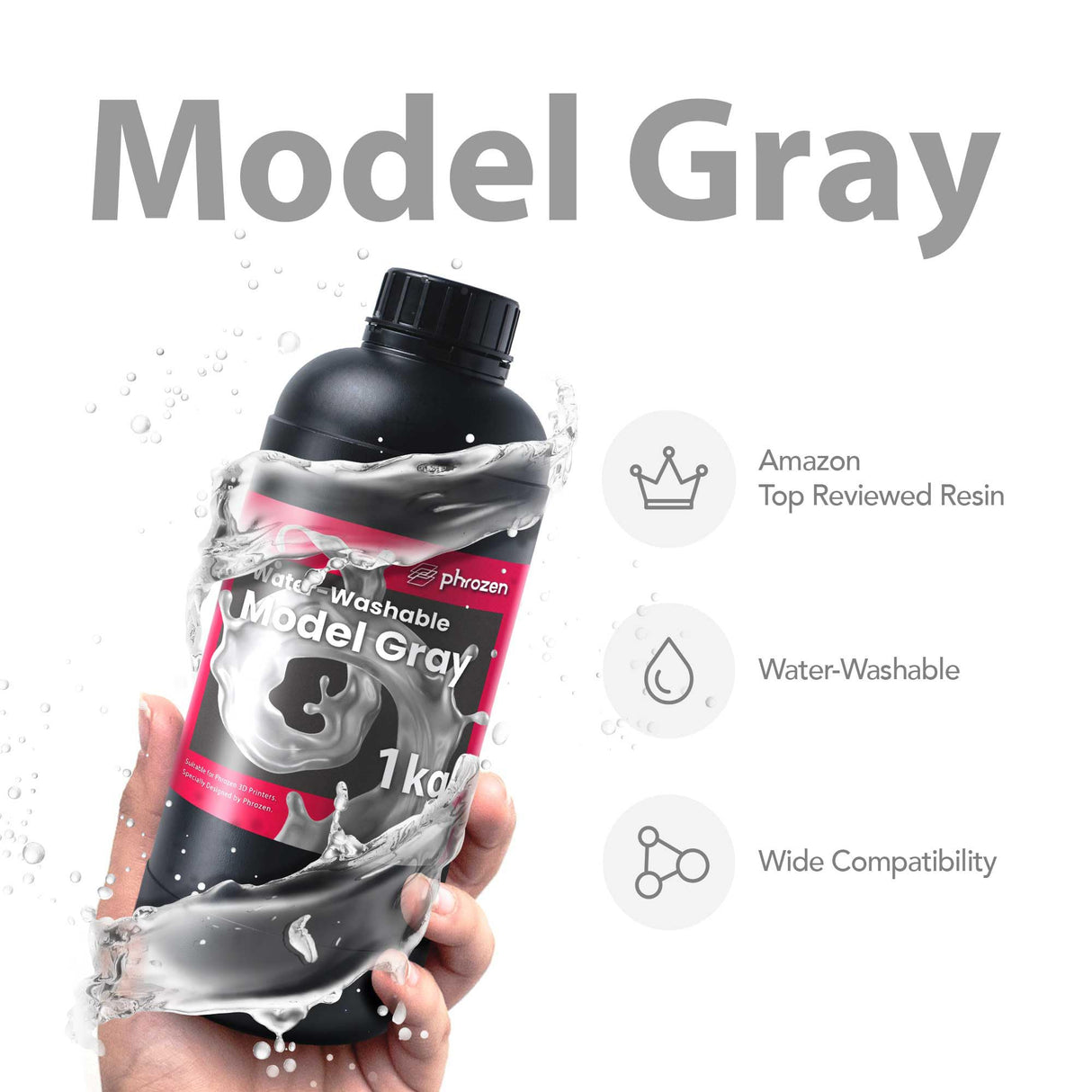 phrozen Water-Washable 3D Printer Resin [Model Gray], 405nm LCD UV-Curing Photopolymer Resin for High Precision Printing, Low Odor, Non-Brittle, Easy to Clean and Cure (1KG) phrozen