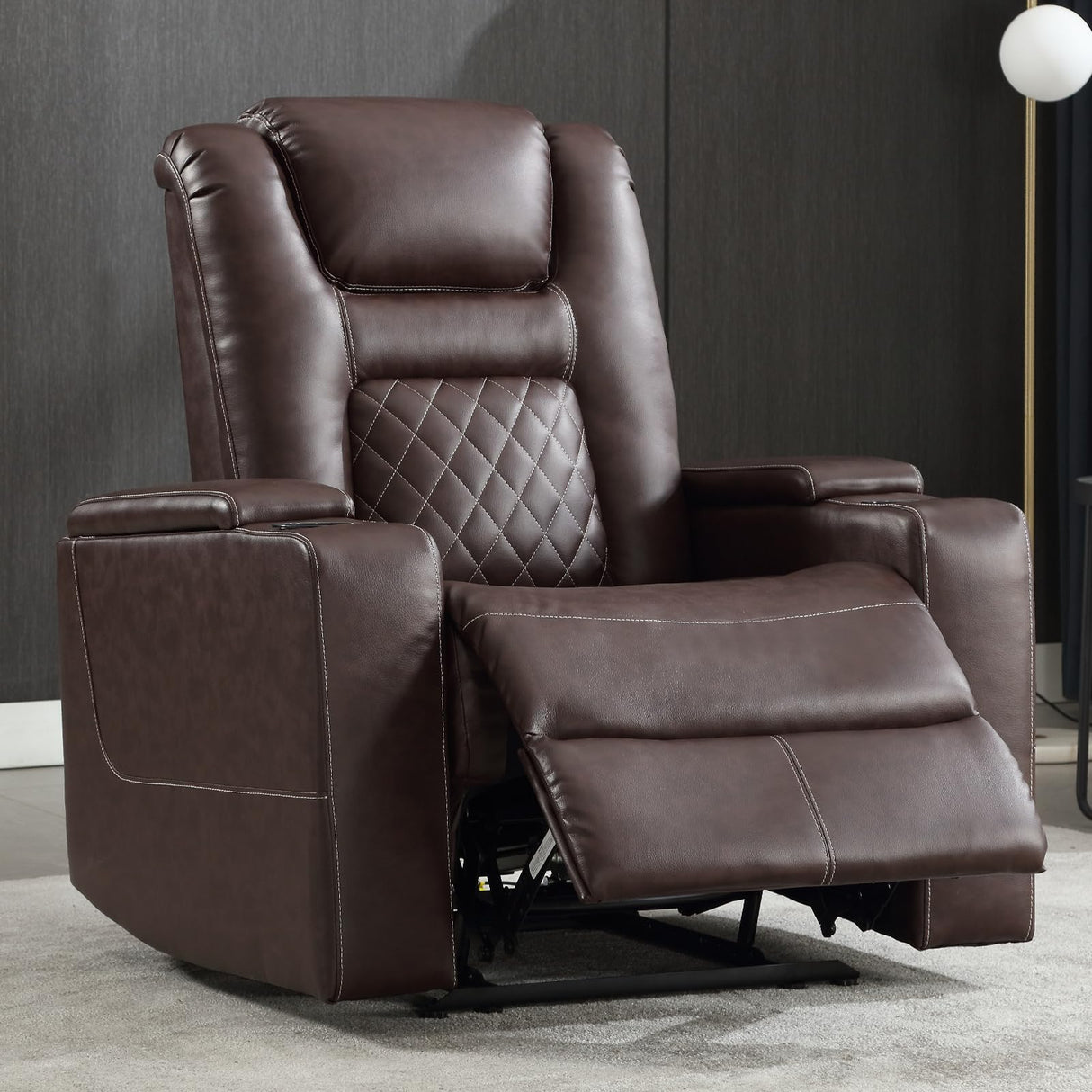 CANMOV Electric Power Recliner Chair with USB Ports and Cup Holders, Breathable Leather Home Theater Seating with Hidden Arm Storage (Red Brown) CANMOV