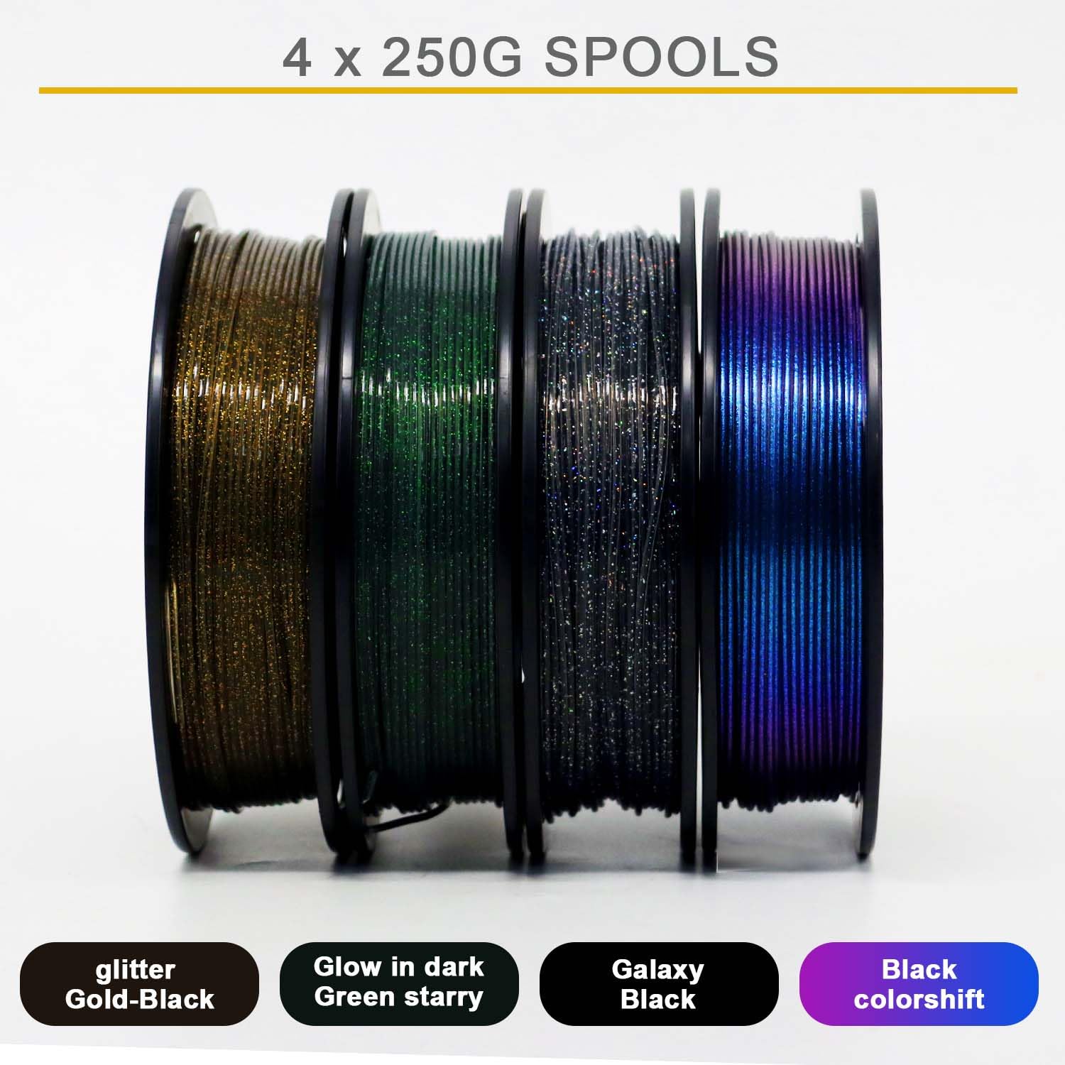 RepRapper PLA Filament, Glitter Multicolor Mixed 250g*4 Sample Pack, Glow in The Dark Sparkle Laser Series 3D Printer Filament, Shiny Galaxy PLA Filament 1.75mm for 3D Printer, 250g*4 Pack - WoodArtSupply