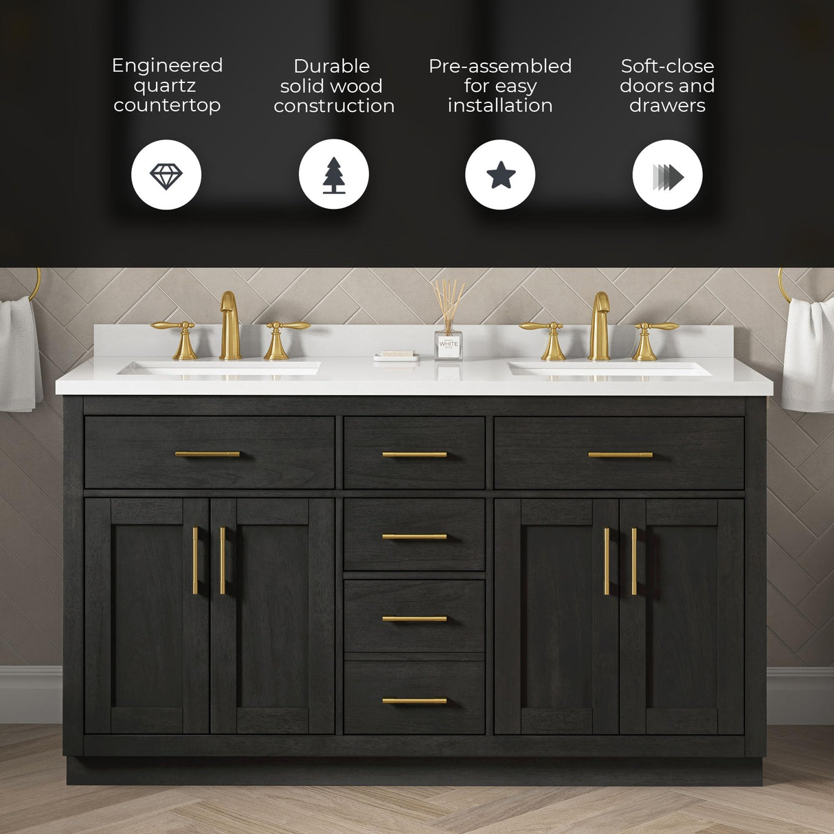 OVE Decors Bailey 60 in. W x 22 in. D x 34.5 in. H Double Sink Bath Vanity in Matte Black Wood with White Engineered Quartz Top OVE Decors