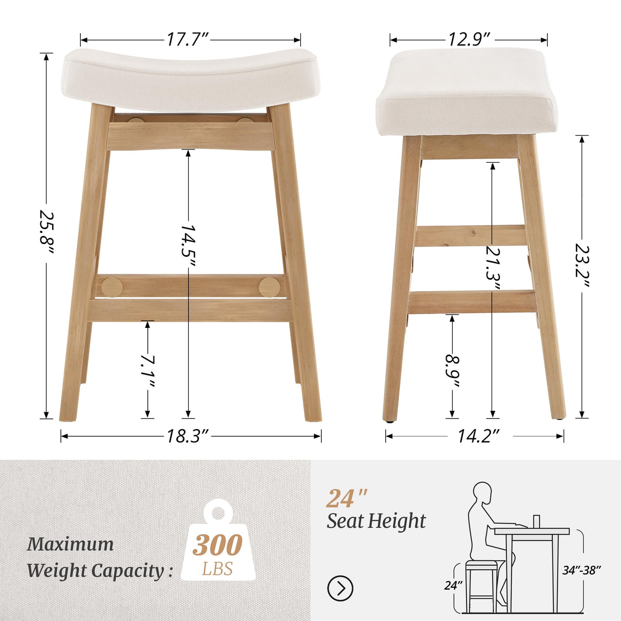 Cozyman Bar Stools Set of 3, Barstools with Sturdy Wood Legs, Saddle Seat Counter Height Bar Stools for Kitchen Counter, Bar, Dining, 24 Inch Farmhouse Counter Stools, Beige Fabric Cozyman