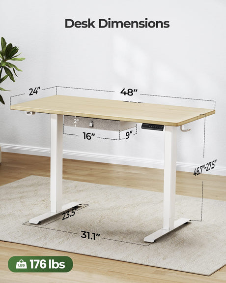 Marsail Standing Desk with Drawer, 48x24 Inch Adjustable Height Standing Desk, Electric Stand up Desk, Sit Stand Home Office Desk, Ergonomic Workstation for Home Office Computer Gaming Desk Maple Marsail