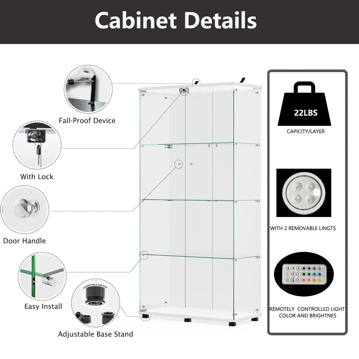 Zacis Glass Display Cabinet with Lights and Lock, 4-Tier Display Case Curio Cabinet with Glass Door, Floor Standing Showcase for Living Room Bedroom Home Office 31" W x 14.3" D x 64.5" H Zacis