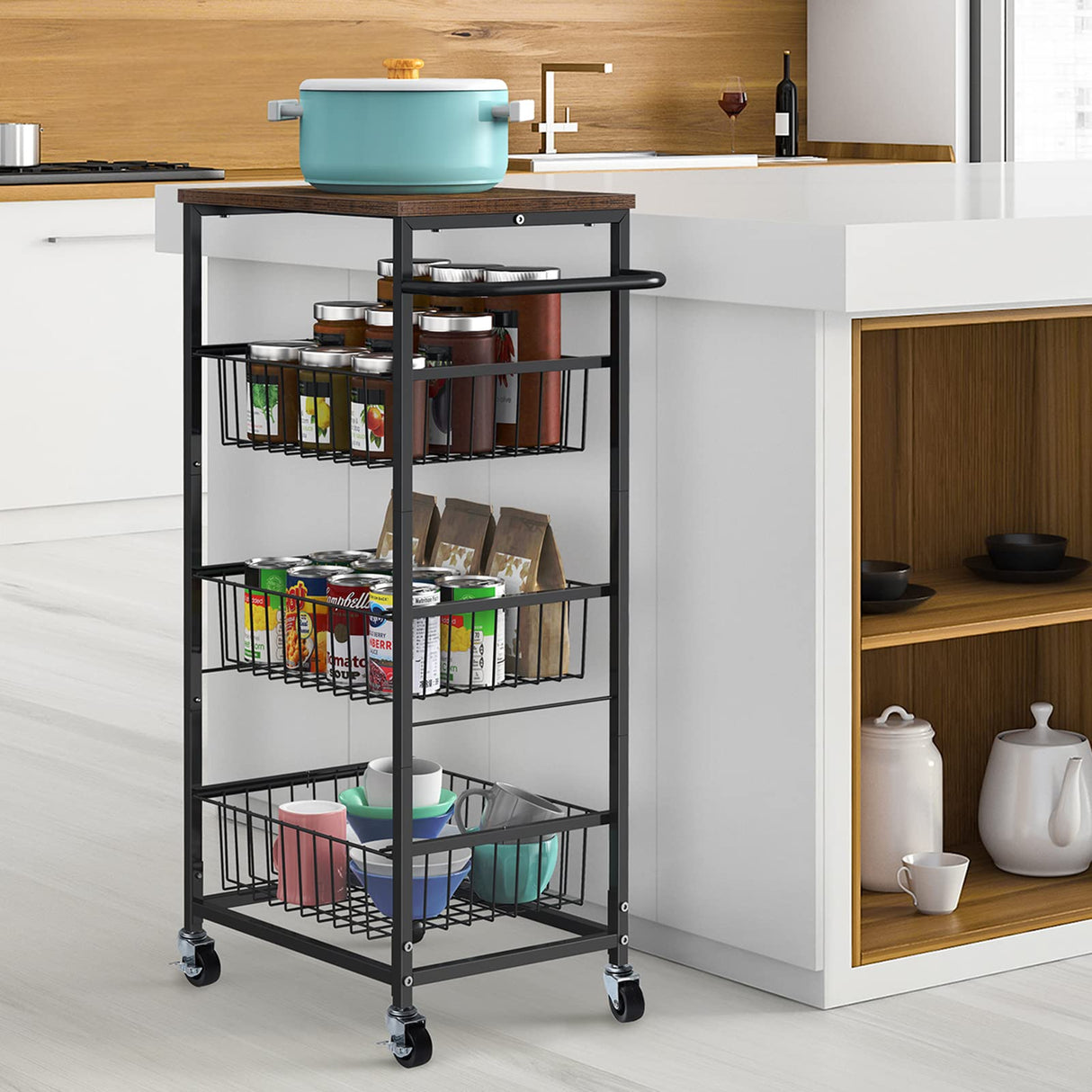 Kitchen Storage Cart on Wheels 4 Tier Utility Rolling Cart with Baskets Farmhouse Serving Cart with Handle Mesh Basket Pantry Cart Rack with Wooden Tabletop for Pantry Bathroom Office, Brown CADUKE