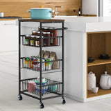 Kitchen Storage Cart on Wheels 4 Tier Utility Rolling Cart with Baskets Farmhouse Serving Cart with Handle Mesh Basket Pantry Cart Rack with Wooden Tabletop for Pantry Bathroom Office, Brown CADUKE
