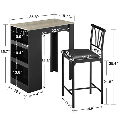 VECELO Small Bar Table and Chairs Tall Kitchen Breakfast Nook with Stools/Dining Set for 2, Storage Shelves, Space-Saving, Gray VECELO
