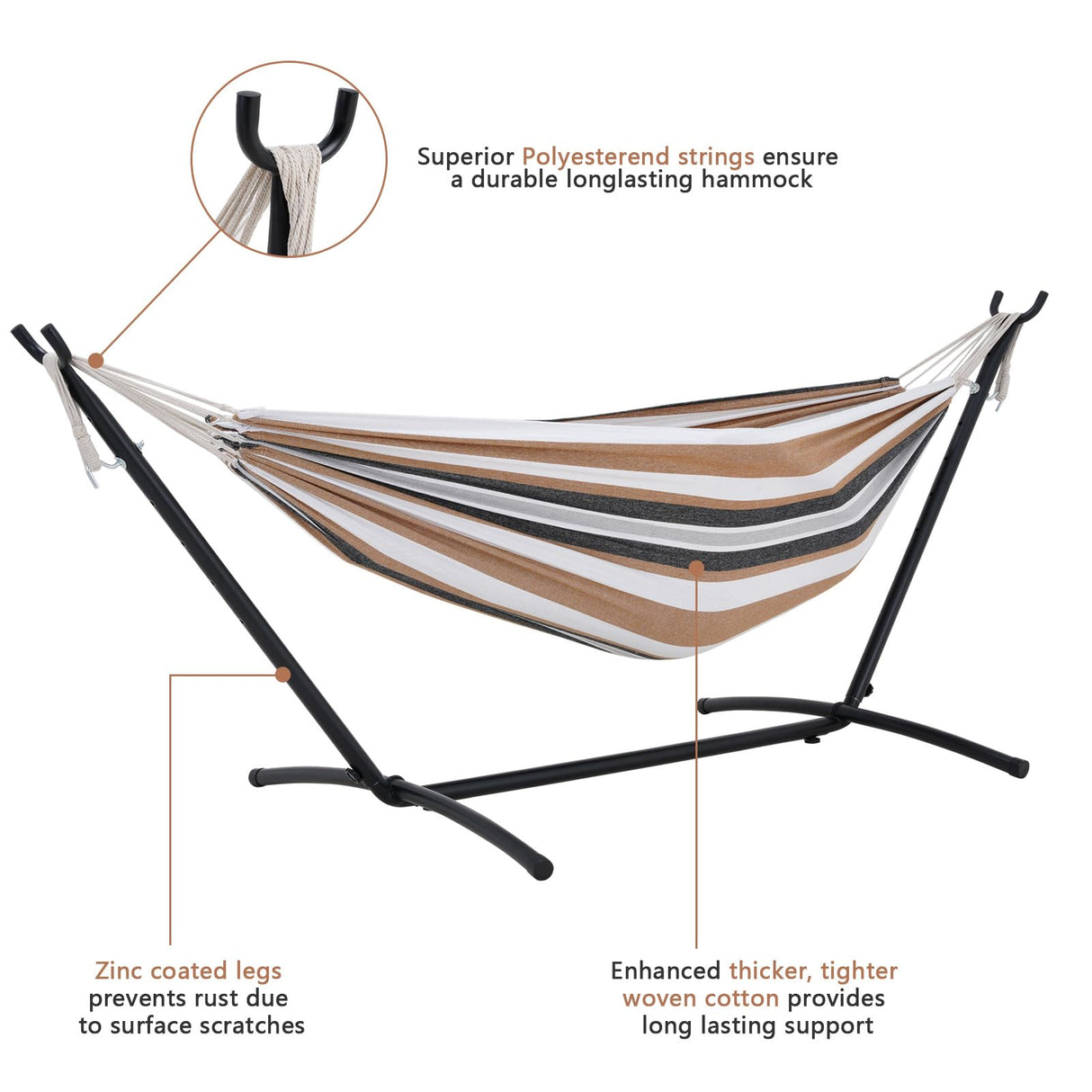 EVLIQUIL Double Hammock with Stand Included 450lb Capacity Space Saving Steel Stand,Premium Carry Bag Included,Suit for Outside,Indoor,Yard,Camping(Coffee). EVLIQUIL