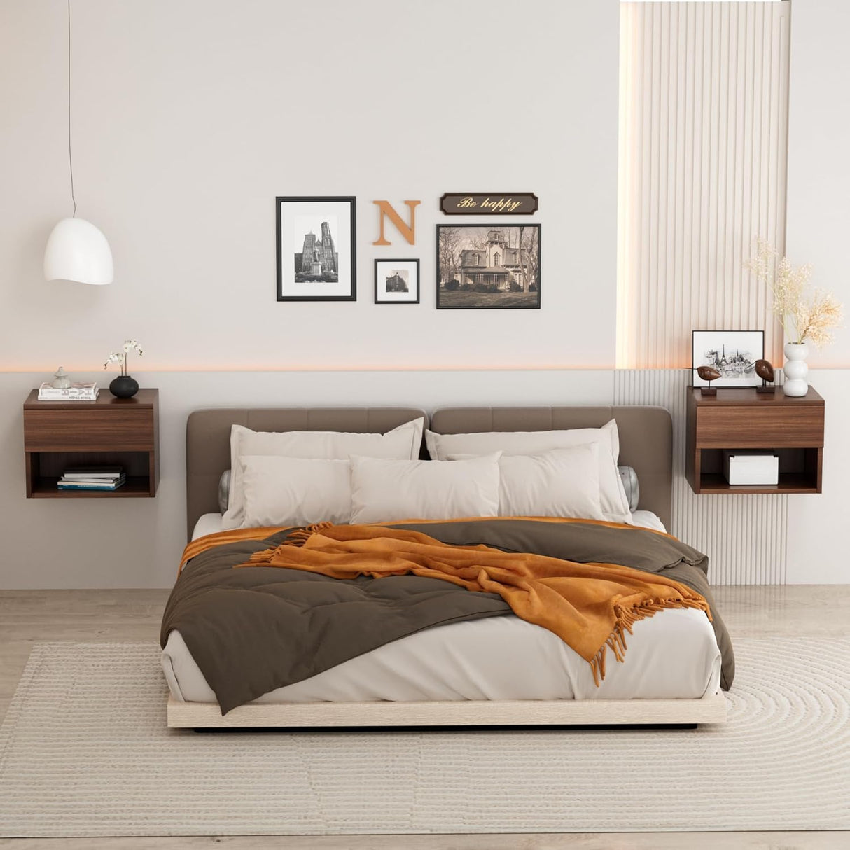 Floating Nightstand, Modern Wall Mounted Bedside Table with Drawer, Wood Bedside Shelf & Desk, End Table Wood Modern Night Stand for Bedroom (Walnut QD1, Set of 2) Kiseely