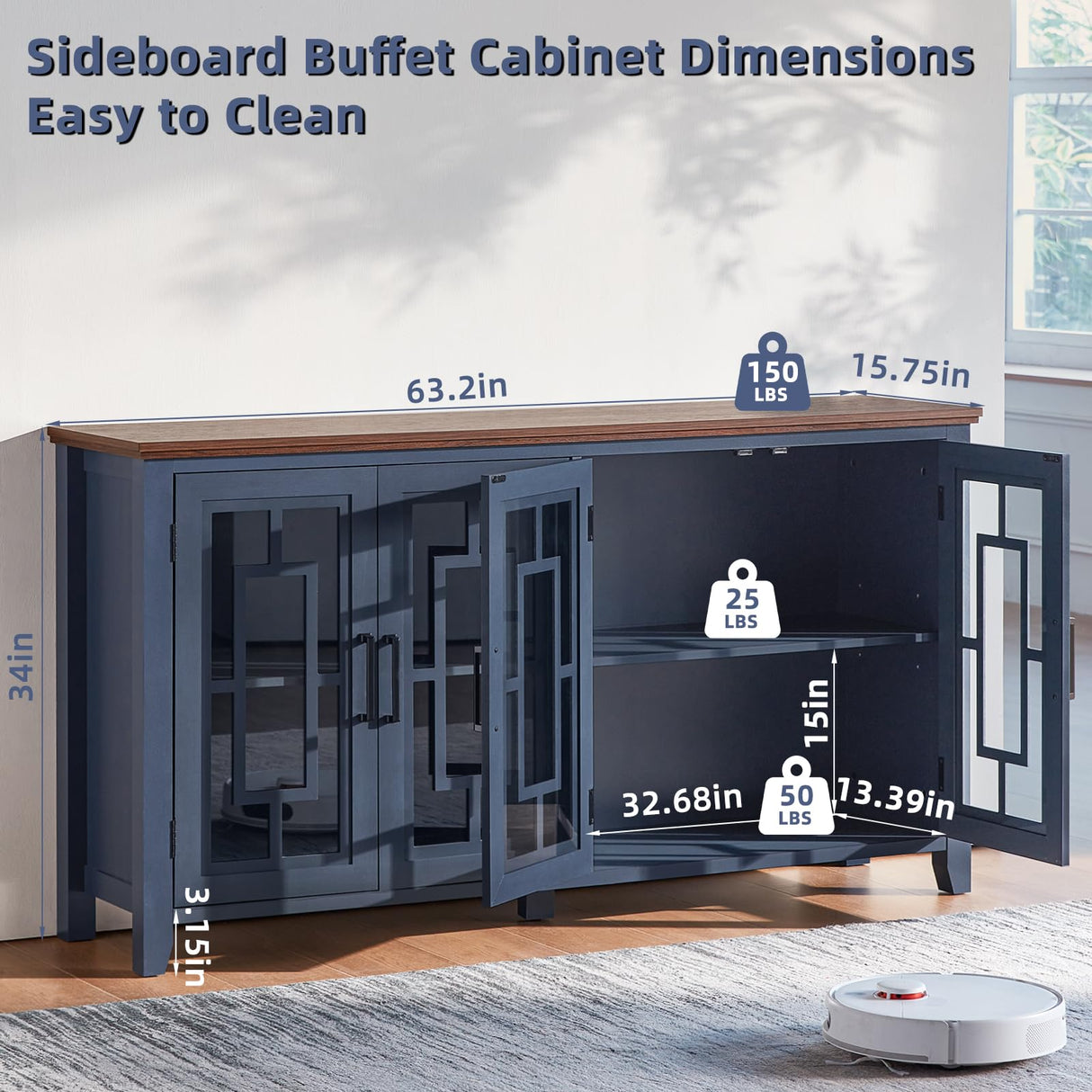 Joaxswe Large Sideboard Buffet Cabinet with Storage, 63" Farmhouse Navy Blue Kitchen Coffee Wine Bar Cabinet with 4 Glass Doors, Mid Century Modern Wood Side Board Table for Dining Room, Living Room Joaxswe