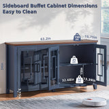Joaxswe Large Sideboard Buffet Cabinet with Storage, 63" Farmhouse Navy Blue Kitchen Coffee Wine Bar Cabinet with 4 Glass Doors, Mid Century Modern Wood Side Board Table for Dining Room, Living Room Joaxswe