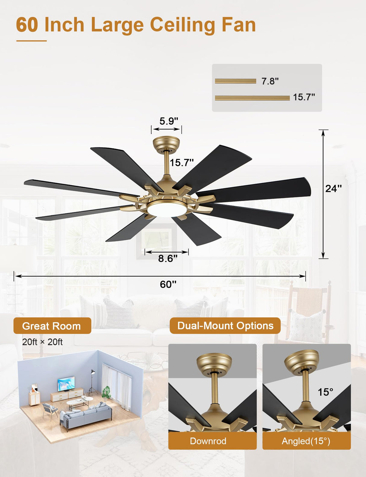Curve Curio 60 Inch Ceiling Fans with Lights, Black and Gold Modern Ceiling Fan with Remote Control for Living Room Kitchen, 3 CCT, 6 Speed Reversible DC Motor Curve Curio