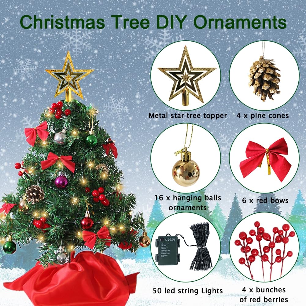 Juegoal 24 Inch Mini Christmas Tree Set, Table Top Artificial Christmas Trees with 50 LED Lights, Ornaments and Red Berries, Best DIY Christmas Decorations Juegoal