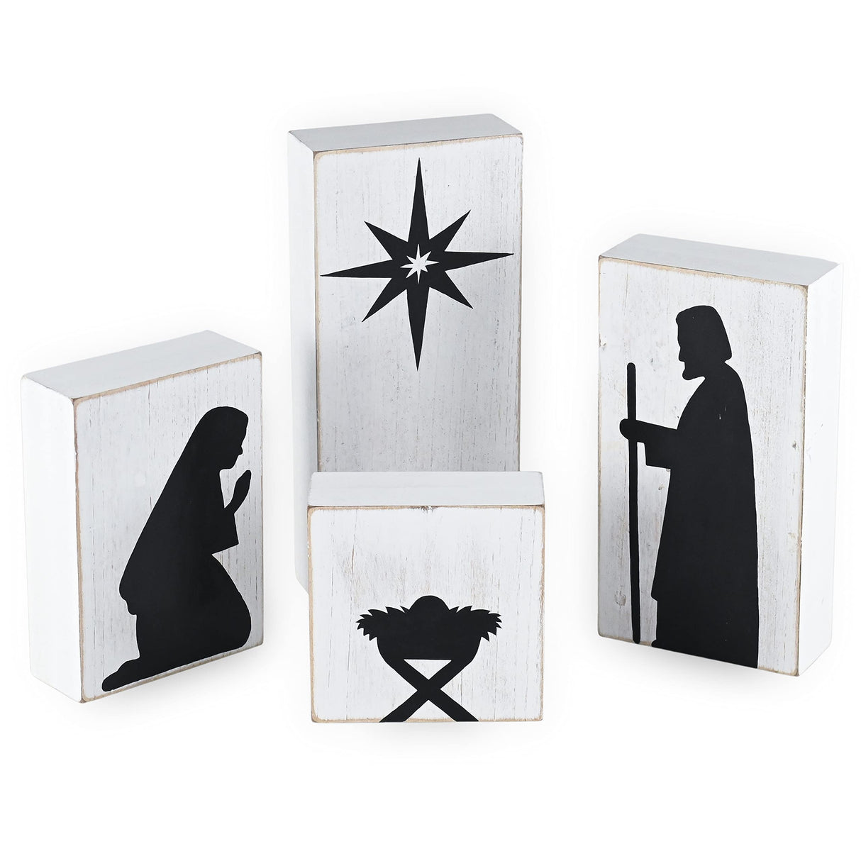 Ornativity Wooden Block Nativity Scene - Black Xmas Silhouette Christmas Figures on White Painted Wood Blocks Indoor Nativity Table Top Shelf Sitter Mantle Centerpiece Set Decorations - 1 set Ornativity