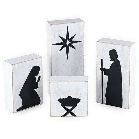 Ornativity Wooden Block Nativity Scene - Black Xmas Silhouette Christmas Figures on White Painted Wood Blocks Indoor Nativity Table Top Shelf Sitter Mantle Centerpiece Set Decorations - 1 set Ornativity