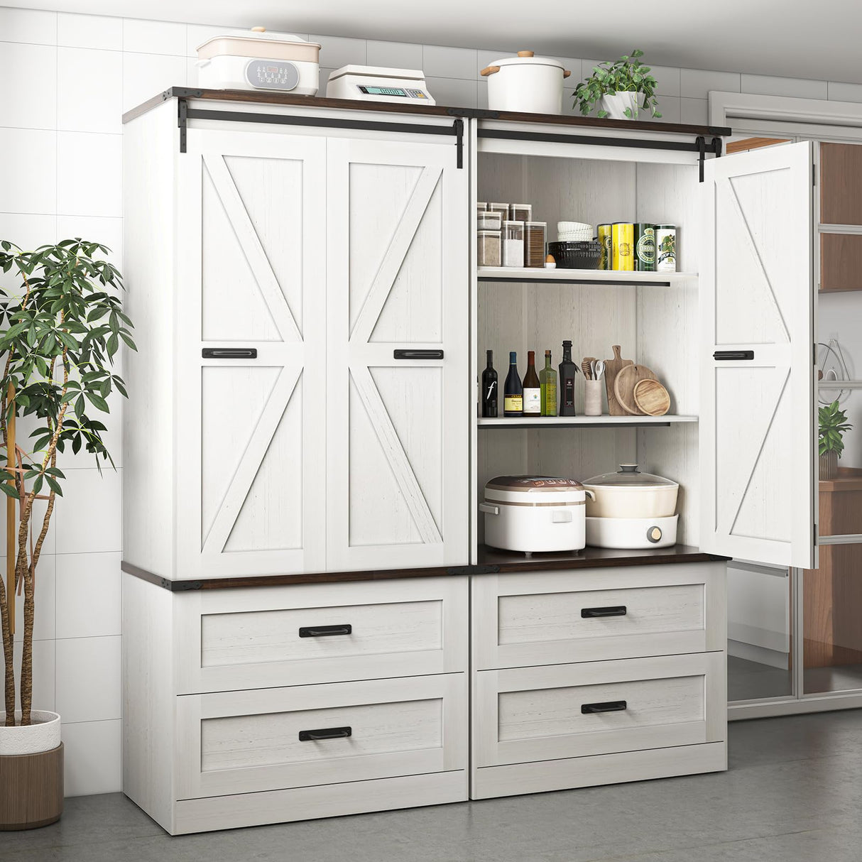 Hlivelood 72" Tall Storage Cabinet with Barn Doors & 2 Drawer, Pantry Cabinet with Adjustable Shelves, Rustic Wood Cupboard for Kitchen, Dining Room, Living Room, White Hlivelood