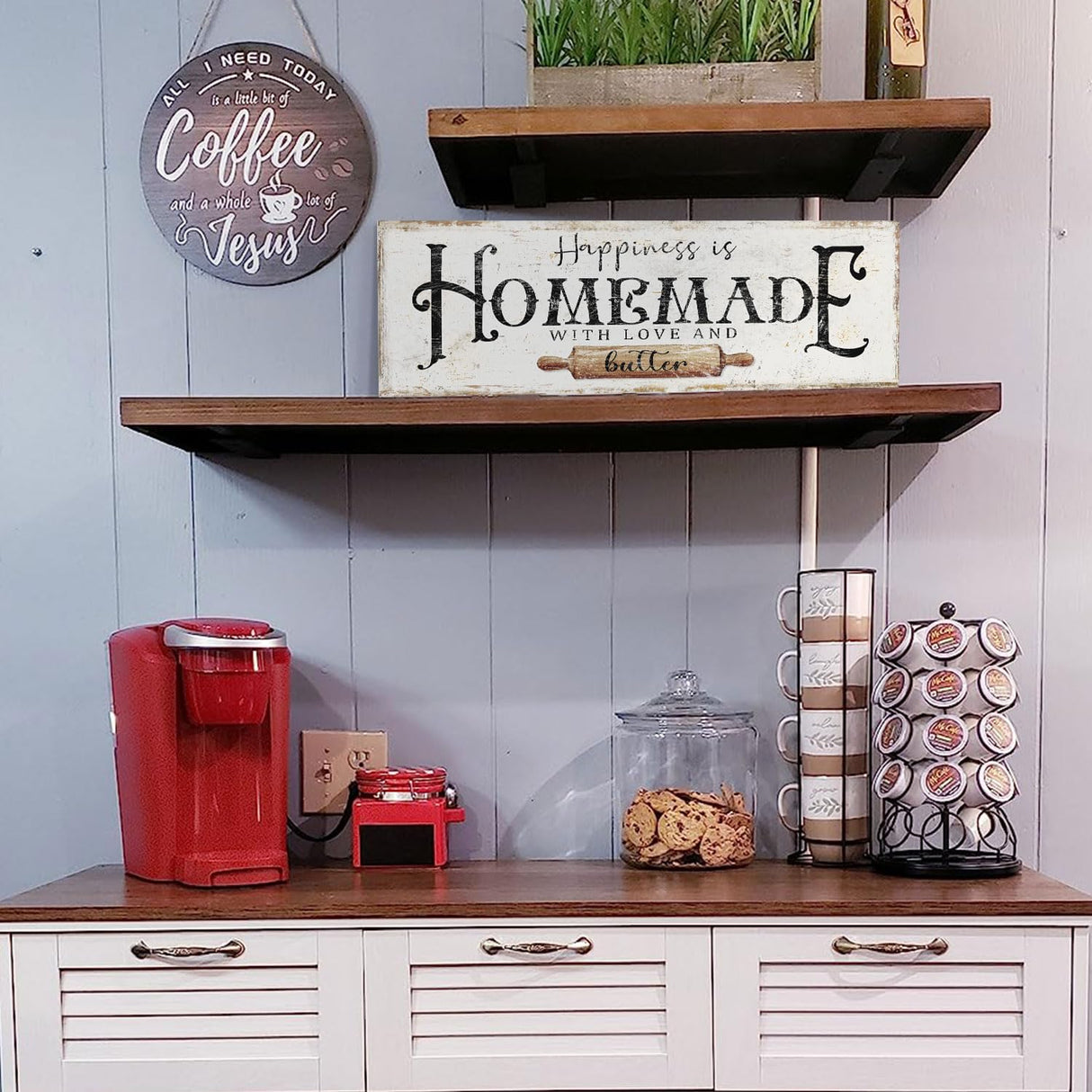 Happiness is Homemade with Love and Butter Sign Funny Kitchen Sign Decor for Counter Pantry Rustic Farmhouse Style Wall Décor Shabby Chic Family Wall Plaque Decoration Housewarming Gift, 6 x 17 Inch DUO AI HOME