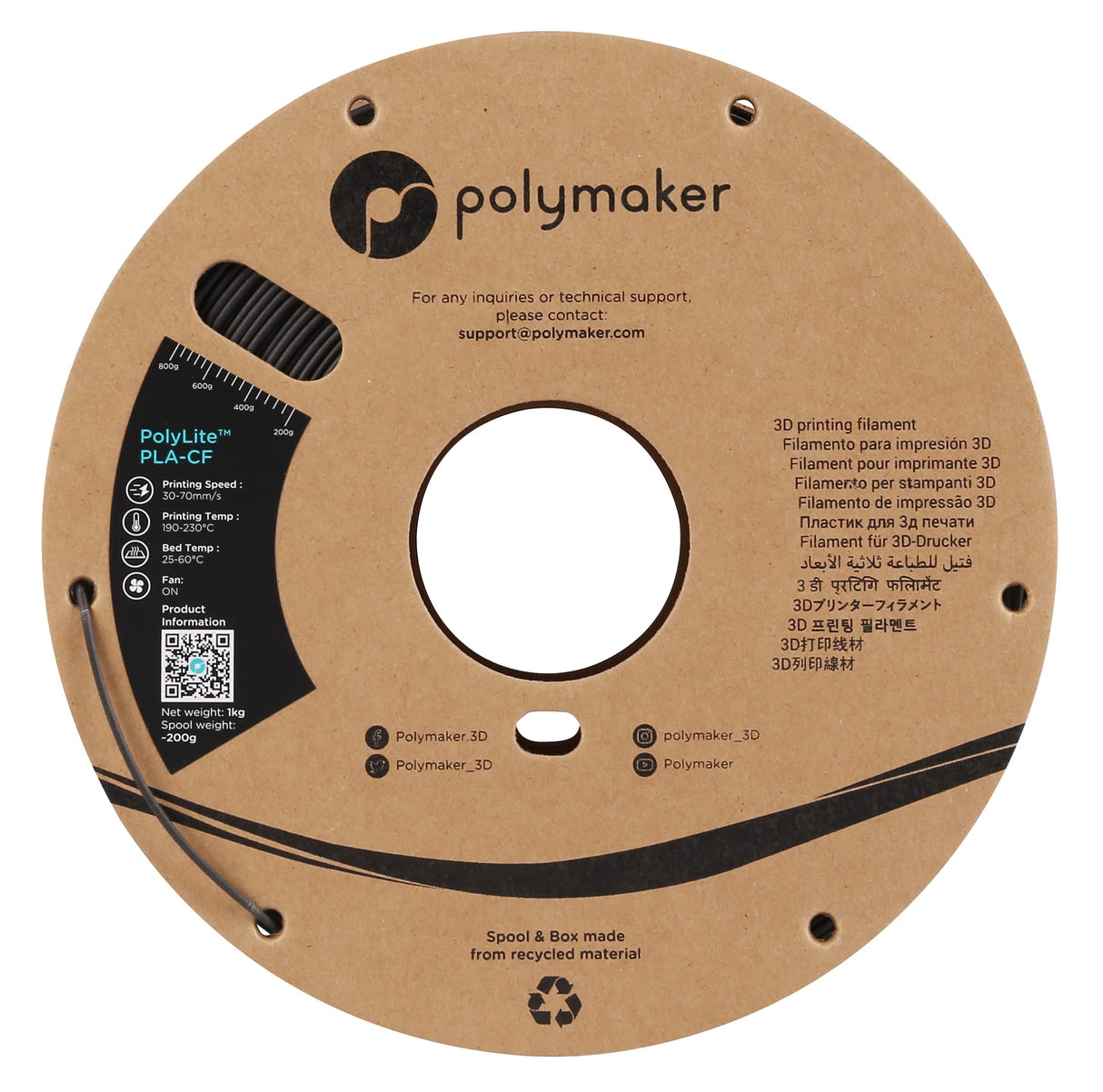 Polymaker Carbon Fiber PLA Filament 1.75mm, Carbon Fiber Reinforced 3D Printer PLA Filament 1kg - PolyLite 1.75mm Carbon Fiber 3D Printing PLA Filament Strong & Easy to Print & Matte PLA-CF POLYMAKER