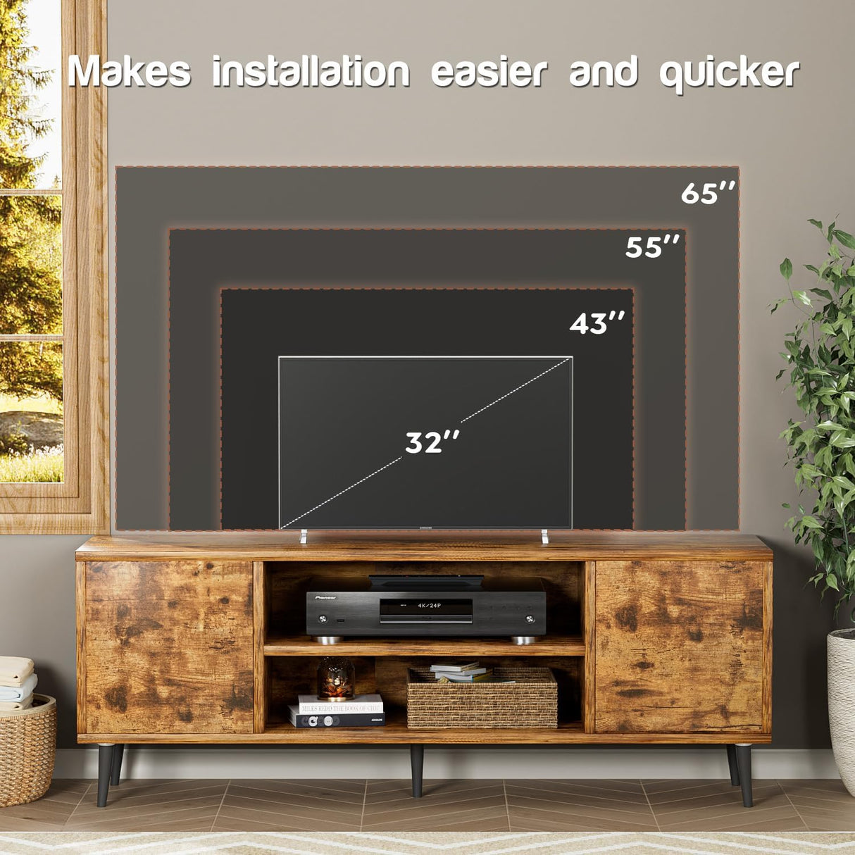 YESHOMY Modern TV Stand for 65" Television, Entertainment Center with Storage Cabinets and Open Shelves, Retro Style Media Console for Living Room, Bedroom, Office, 58 Inch, Rustic Brown YESHOMY