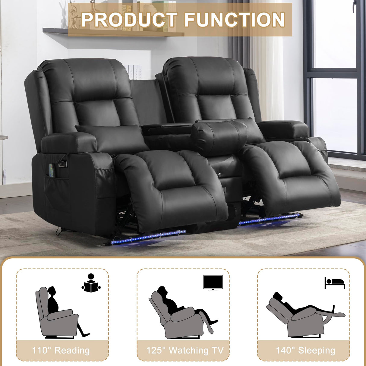 URRED Loveseat Recliner Sofa with Massage and Heat, Power Reclining Loveseat Sofa RV Couch with Console, Home Theater Seating with LED Lights, Bluetooth Speakers, USB, Outlets, Faux Leather, Black URRED