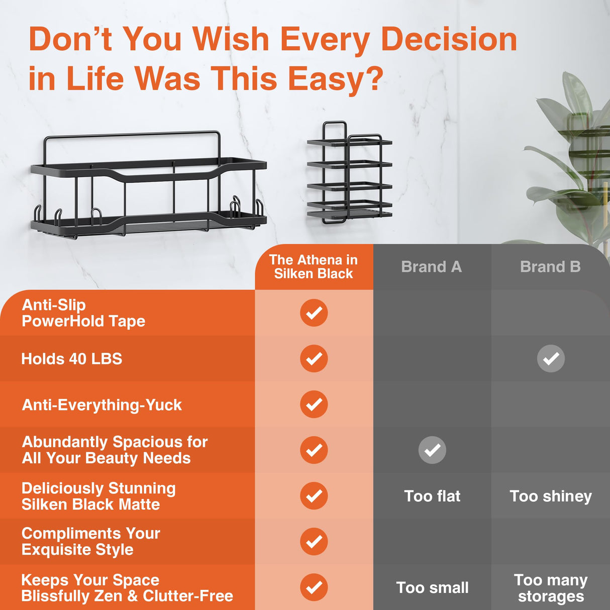 Shower Caddy Bathroom Shelves, The Athena Silken 4 Set, 40LB Capacity, Adhesive Tape No Drill - Rustproof -Gorgeous Powder Coated 304 Stainless Steel Shower Organizer for kitchen & Home Decor - Black Tribal Cooking
