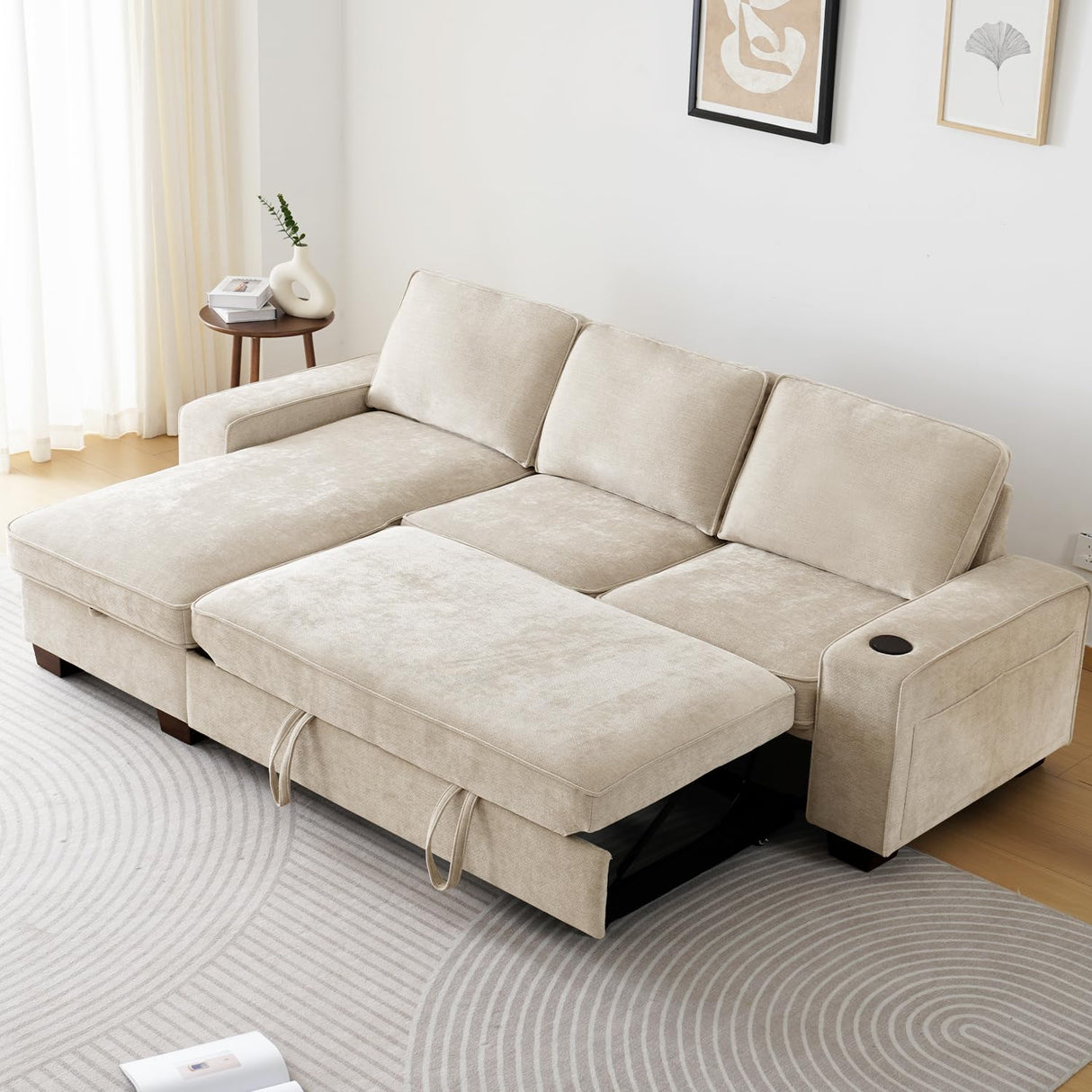 ASHOMELI 99" Convertible Sleeper Sofa Bed,L Shaped with Storage Chaise Pull Out Couch for Living Room,USB and Type-C,Removable Washable Chenille Covers (Beige) ASHOMELI