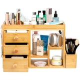 Elsjoy Bamboo Makeup Organizer with 3 Drawers & 12-Grid Lipstick Holder, Desk Bamboo Vanity Jewelry Organizer, Countertop Cosmetic Storage Box Stand with Hooks for Hanging Jewelry Elsjoy