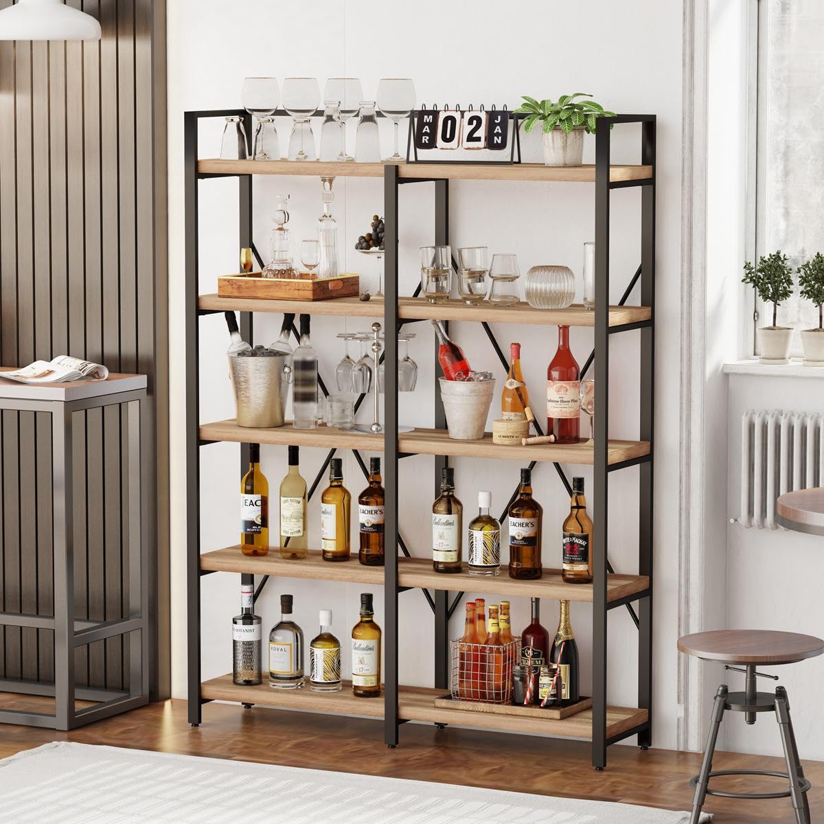 Industrial 5-Tier Rustic Oak Bookshelf with Open Shelving Unit by FATORRI - WoodArtSupply