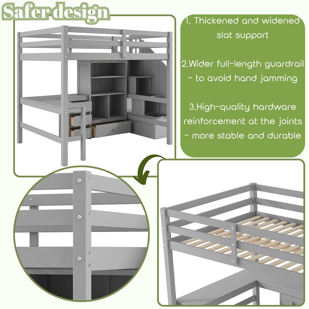MERITLINE Full Size Loft Bed with L-Shaped Desk,Drawers,Staircase and Bookcase,Solid Wood High Loft Bed with Stairs and Guardrails,for Adults, No Box Spring Needed (Grey,Full) MERITLINE