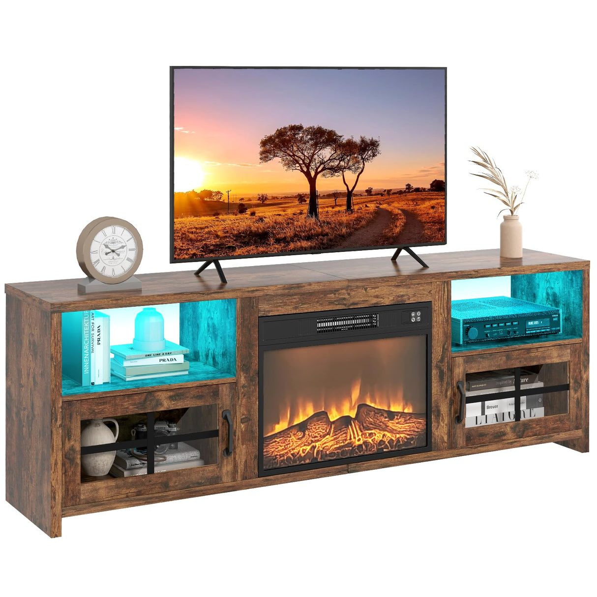 Livofloral Fireplace TV Stand for 75 Inch TV with LED Lights, Entertainment Center with 23” Electric Fireplace, LED TV Console Table with Open Storage Shelves & Cabinets for Living Room, Brown Livofloral