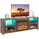 Livofloral Fireplace TV Stand for 75 Inch TV with LED Lights, Entertainment Center with 23” Electric Fireplace, LED TV Console Table with Open Storage Shelves & Cabinets for Living Room, Brown Livofloral
