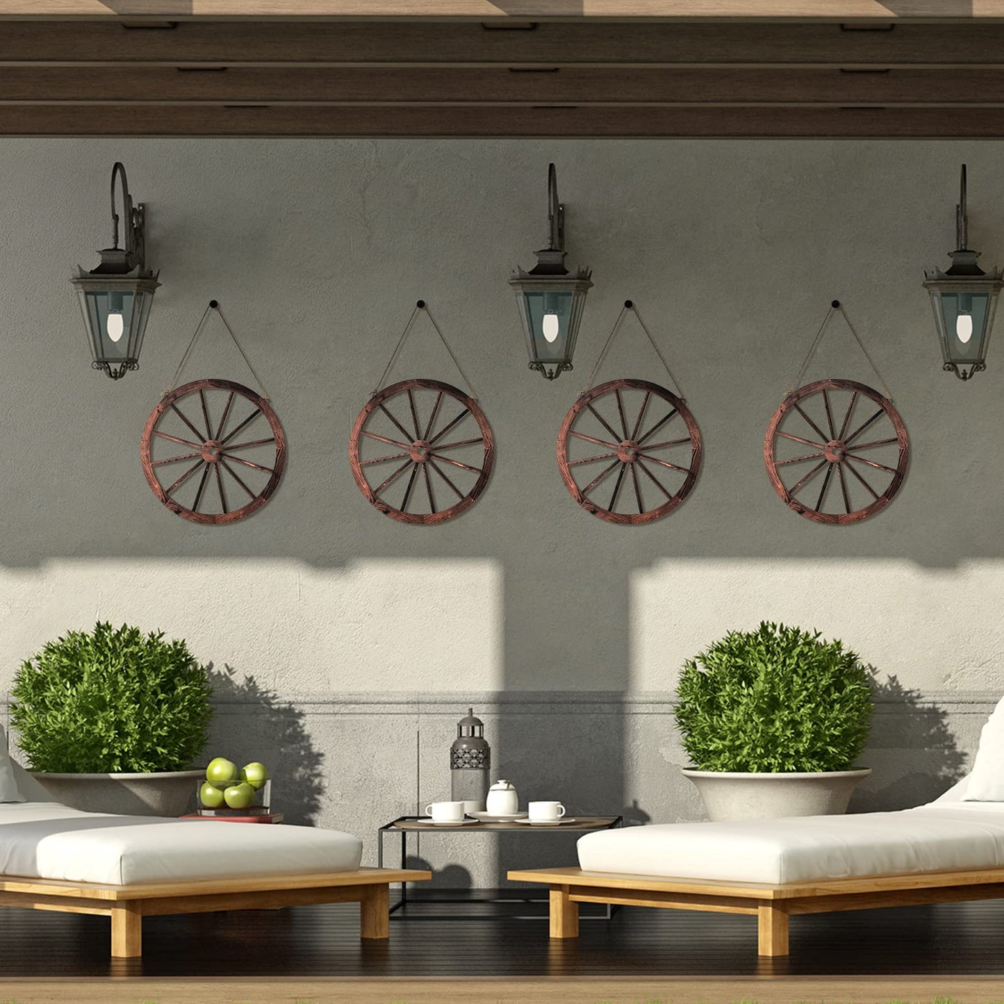 4 Pieces Wooden Wagon Wheel Wall Decor 10 Inches Old Western Wood Wagon Wheel Wall Art Farmhouse Wagon Wheels Rustic Yard Decor Wood Hanging Decorative Wheels for Garden Home Bar Garage