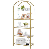 Homhedy Bookshelf Arched Display Racks,Metal Bookcase,Tempered Glass Shelves,Storage Rack Shelf for Home Office,Living Room,Bedroom, Bathroom,Modern Style (Golden, 11.8" D x 23.6" W x 62.2" H) Homhedy