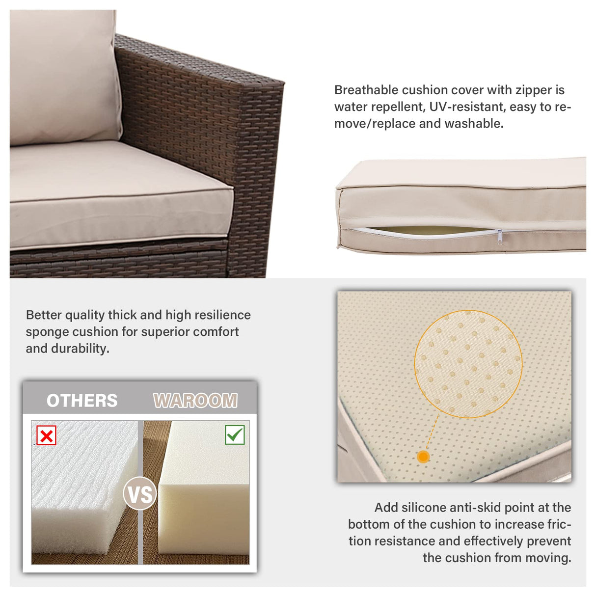 WAROOM Patio Couch PE Wicker 3-Seat Outdoor Brown Rattan Sofa Deep Seating Furniture with Non-Slip Beige Cushion WAROOM