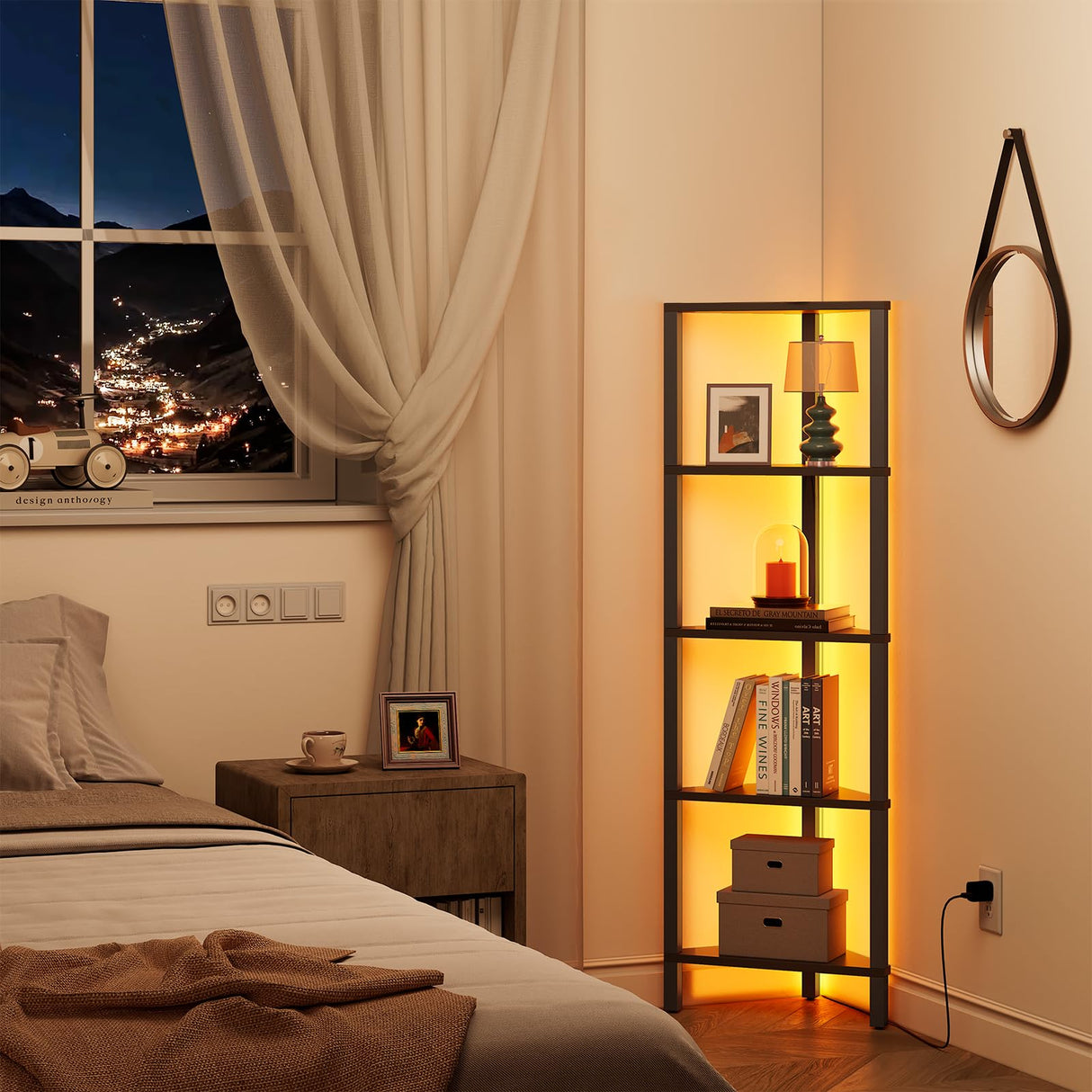 TUTOTAK Corner Shelf with LED Light, 5-Tier Corner Bookshelf for Small Space, Narrow Display Corner Shelf Stand with Storage Rack, for Living Room, Bedroom, Black BS05BK005L TUTOTAK