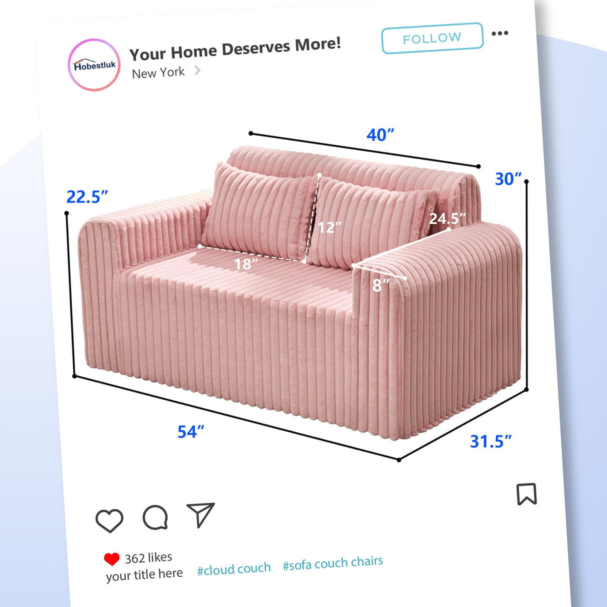 Hobestluk Couch Sofa 2-Seater Foam Sofa Loveseat for Small Spaces Comfy Sofas with Removable Cover Furry Couch with Pillows for Living Room, Bedroom, Apartment, Office (Pink, Loveseat) Hobestluk